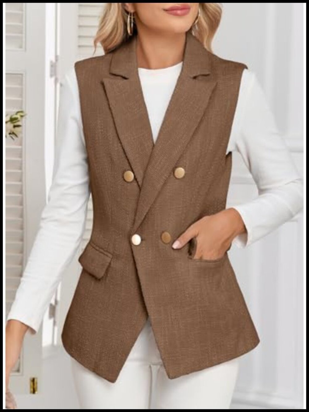 Sleeveless Tweed Blazer Vest Double Breasted Work Suit with Pockets - Picture 4 of 6